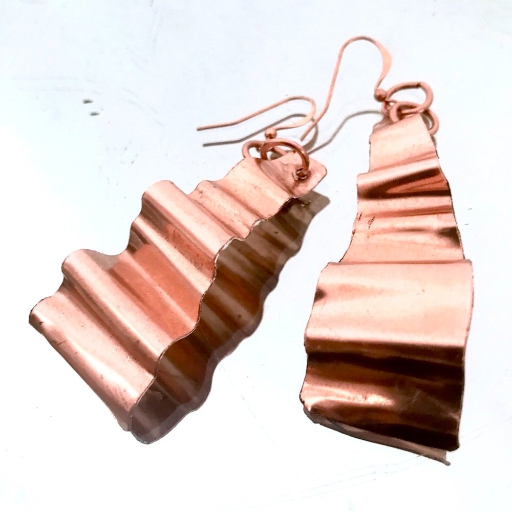 Solid Copper Crinkle Long Earrings Rustic Dangle Handmade Artisan Form Folded - Picture 7 of 8